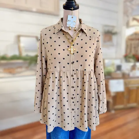 Women's SageVell Cute Cotton Sweet Vintage Heart-Print Longsleeve Blouse - Shirt Collar, Aesthetic, Casual Fabric Top, Black/Brown, S-2XL, Ideal for Coffee Runs, Garden Party, Going Out
