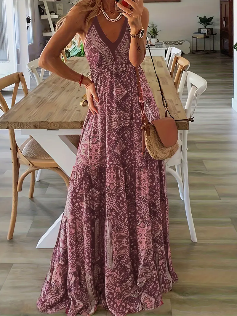 white christmas dresses Plus Size Dress for Women Bohemian Floral V Neck Ruffle Sleeve Summer Beach Casual  Boho Maxi Dresses main image 0