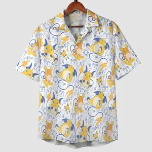 Fresh Summer Cute Electric Mouse PKM Hawaiian Shirt, Youthful Anime Raichu Kawaii Pattern Orange Aloha Shirt Short Sleeve, Quirky Video Game Men