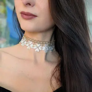 White Flowers Lace Choker Necklace with Golden Trim. Bridal Necklace.