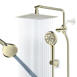 Hibbent All Metal Shower Head, 10" High Pressure Rainfall/Handheld Shower Combo with 11" Extension Arm, 10-Spray Handheld Showerhead, 71" Long Hose, 3-Way Diverter Valve, Shiny Gold