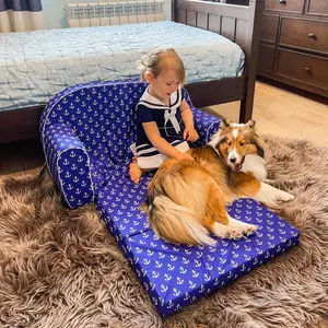 Delsit Toddler Sofa & Couch for Kids - Versatile 2 in 1 Foldable Double Sofa, Convertible Kids Couch - Toddler Couch w/ Washable Cover - Navy Anchors