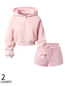 Women's Zipper Short Pajama Set Long Sleeve Hoodie with Matching Shorts, Warm and Comfortable, Casual Ombre Style, Fall & Winter Essentials