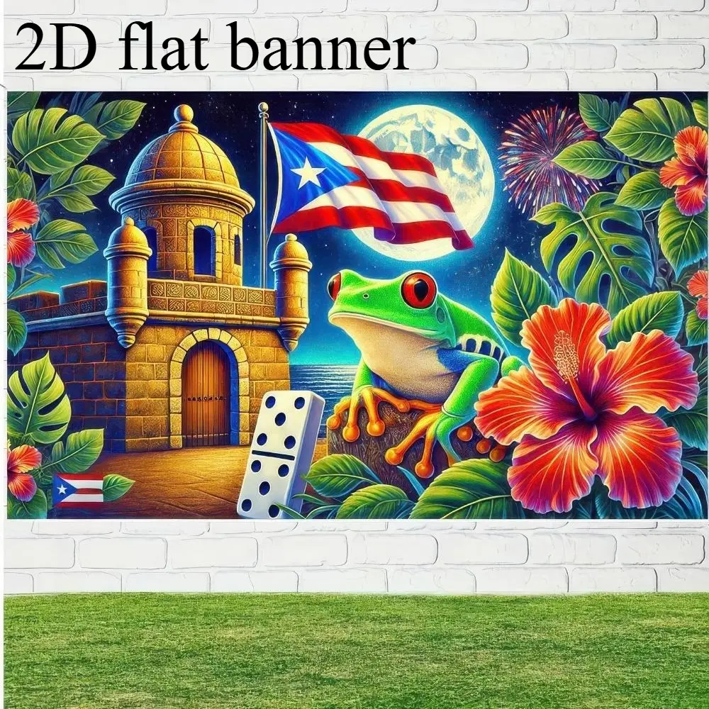 2D banner 1pc Puerto Rico Flag Banner, Party Decorations Banners, Indoor Outdoor Decorations Backdrop Hibiscus and Frog Design Photo Studio Props Party Decor HolidayParties, Decorative Banner