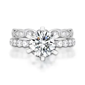 GIA Certified Round Moissanite Bridal Ring Set | 18K White Gold Art Deco Stackable Wedding Engagement Rings queen ring summervibes