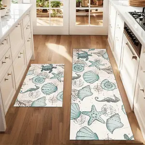 2Pcs turtle shell seahorse mat set summer marine life art simple drawing printed carpet farmhouse anti fatigue kitchen carpet anti slip washable kitchen restaurant floor sink laundry room decoration carpet mat Home Decor Rugs