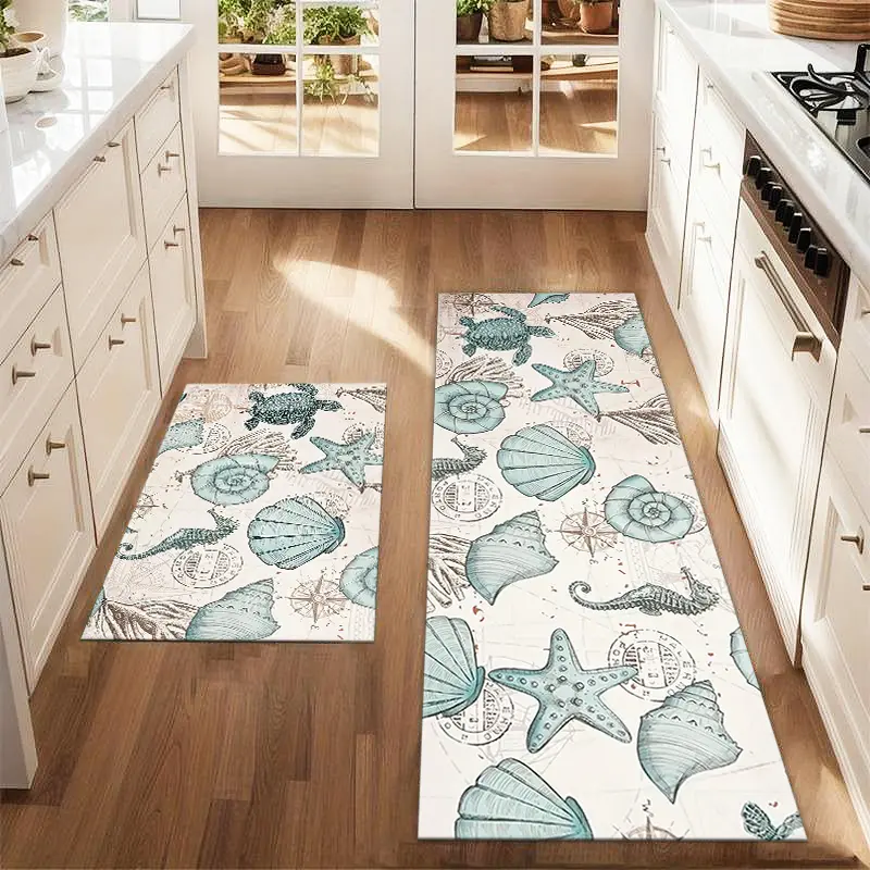 2Pcs turtle shell seahorse mat set, Kitchen Mat Sets, summer marine life art printed carpet anti fatigue kitchen anti slip washable restaurant floor sink laundry room decoration carpet mat