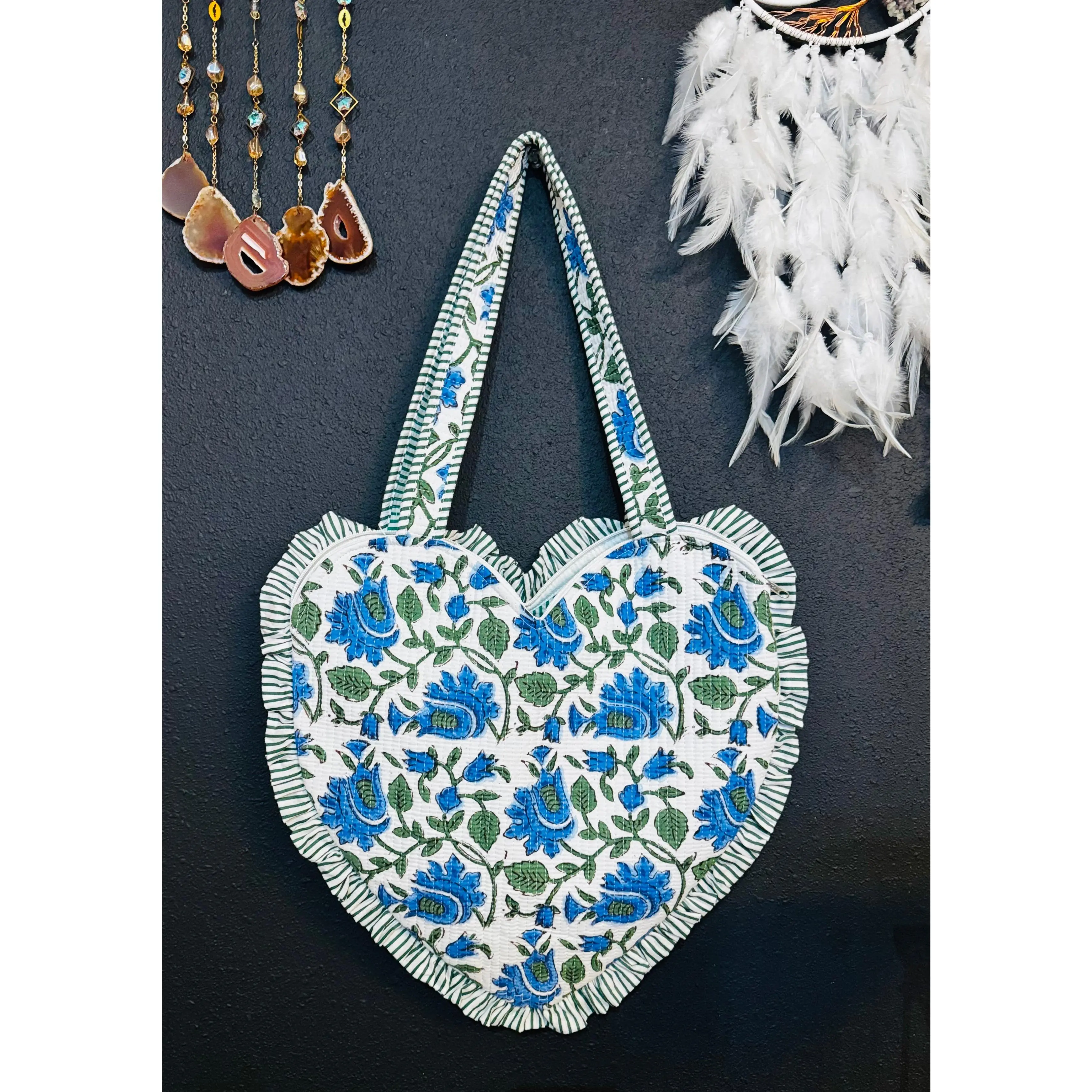 Heart-Shaped Quilted Tote Bag | Hand Block-Printed 100% Cotton | Handmade Zipper Tote