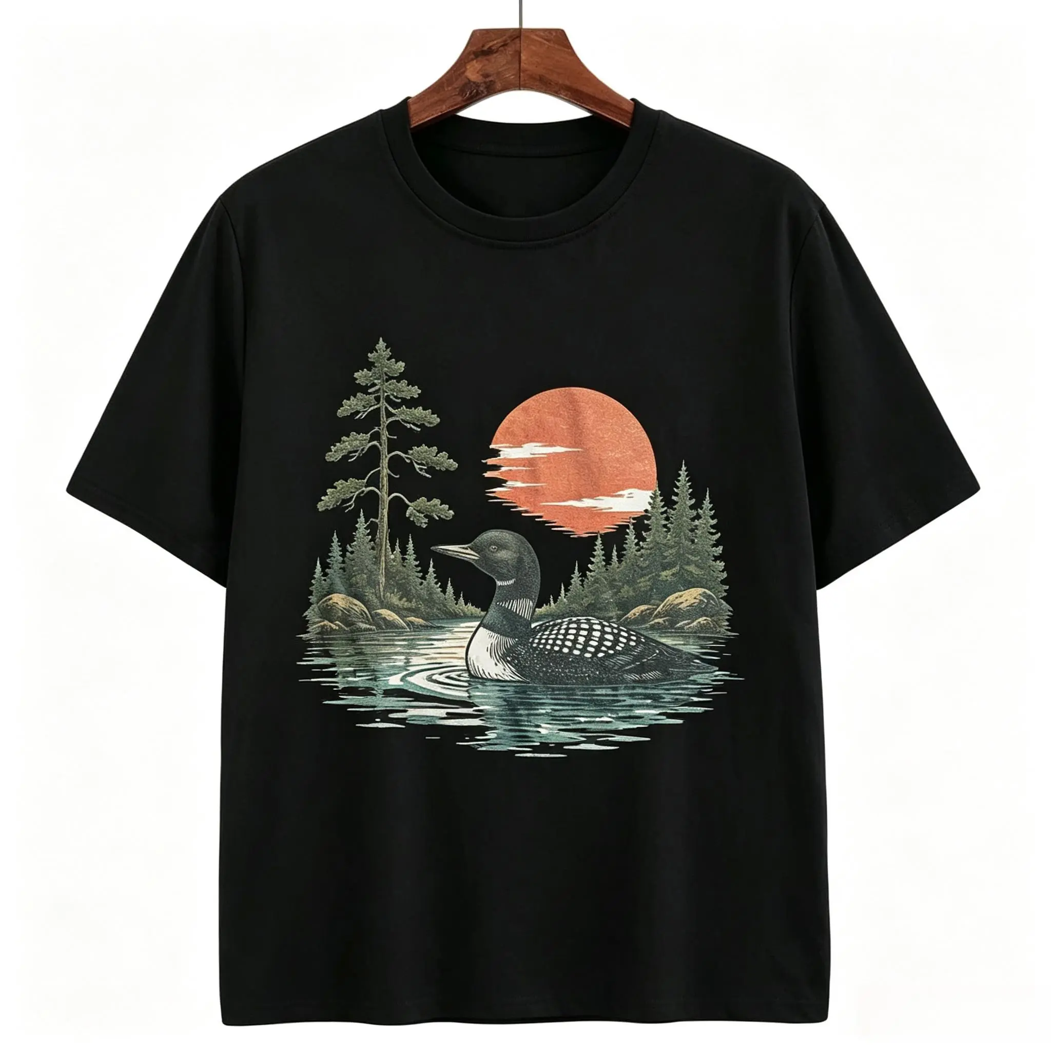 Outdoor Gift Vintage Loon Lake Nature Shirt, Retro Wildlife Bird Graphic Tee, Classic Forest Lake Landscape Top