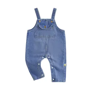 Baby Girls Boys Denim Overalls, Sleeveless Solid Jumpsuit with Pocket for Casual Daily