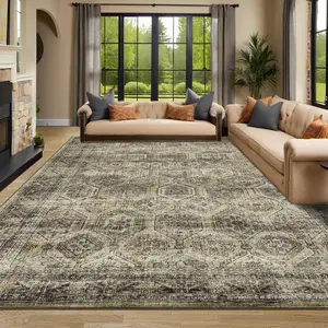 【GARVEE】Washable 8x10 Area Rug for Living Room, Non-Slip Vintage Style Floor Carpet, Low Pile Foldable Printed Rug, Non-Shedding Soft Faux Wool for Dining and Nursery Rooms, Brown