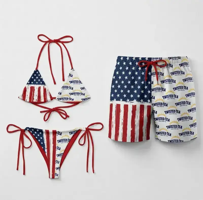 Matching Couple Swimwear Set, Twisted Tea American Flag Bikini & Board Shorts, Perfect Gift for Him & Her
