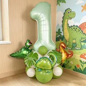 24pcs Dinosaur Series Number Balloon Decor, Olive Aluminum Foil Set, Mini Dinosaurs, Latex Balloons, Party Decoration