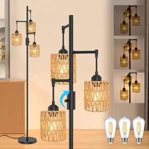 GLITGATE 3-Light Boho Floor Lamp for Living Room, Rattan Wicker Standing Lamp Palm Tree Design, Farmhouse Coastal Floor Light with Woven Shade, Tall Bohemian Lamp