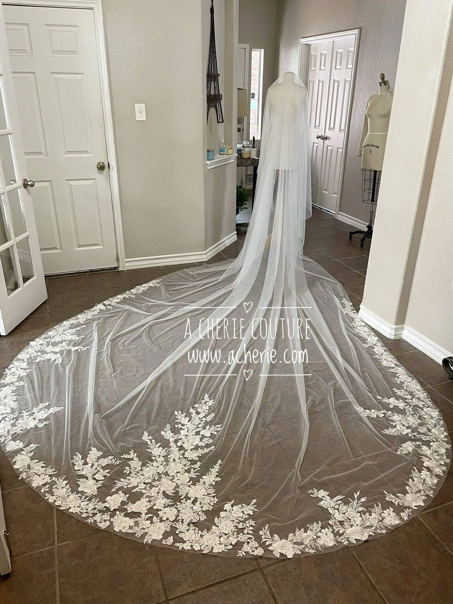 Cathedral Blusher Tulle Bridal Veil with Sequin Roses Lace Appliqué, Light Ivory 195-Inch Wedding Accessory with Comb, Made-To-Order, Blusher Style