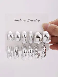 12pcs Fashion Jewelry Silver Color Geometric Design C-Shaped Teardrop Earrings Set, Multifunctional Stone-Free Elegant Earrings, Ideal for Daily Wear and Gifts