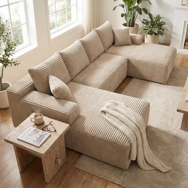 132.1" Compressible U-Shaped Sectional Sofa Set,Minimalist Style Modular Sectional Sofa, Corduroy Fabric Cloud Couch for Living Room(Camel)