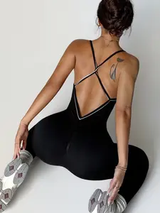 Women's Seamless Yoga Jumpsuit with Removable Padding, Sporty Contrast Binding, Above the Ankle Leggings, All Seasons Workout Clothes, Backless Sports Jumpsuit
