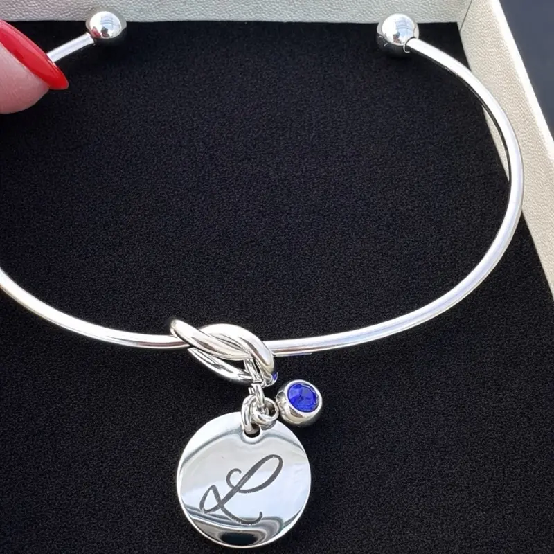Bangle with Customizable Initial & Birthstone Gem Personalized Touch Unique Accessory for Special Touch in Silver Stainless Steel Adjustable Size Hypoallergenic