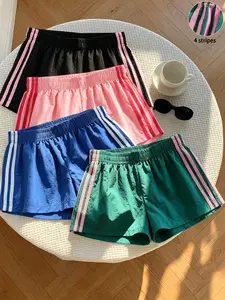 4-Pack Lightweight Quick-Dry Breathable Gym Shorts, Striped Drawstring Shorts, Women's Summer Retro Casual Loose Fit Elastic Waist