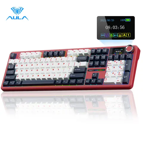 AULA F108 Pro Wireless Mechanical Keyboard, Full Size Keyboard with Smart Screen, Knob, Creamy Typing, Tri-Mode Connection, RGB Backlit, Hot Swappable Keyboard for Work and Gaming, Red Fathersdaygift