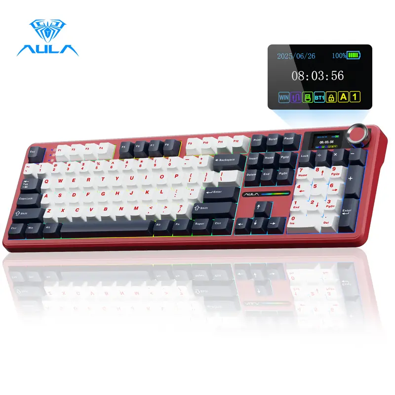 AULA F108 Pro Wireless Mechanical Keyboard, Full Size Keyboard with Smart Screen, Knob, Creamy Typing, Tri-Mode Connection, RGB Backlit, Hot Swappable Keyboard for Work and Gaming, Red Fathersdaygift