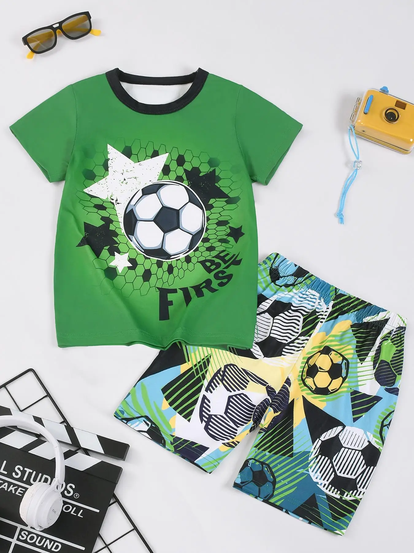 Boy's Cartoon Soccer Print Short Sleeve Tee & Shorts PJ Set, Casual Comfy Round Neck T-shirt & Shorts PJ Set, Kids Sleepwear for Summer