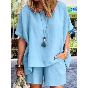 Women's new summer solid color linen shorts set, fashionable and elegant simple casual two-piece outfit with top and shorts