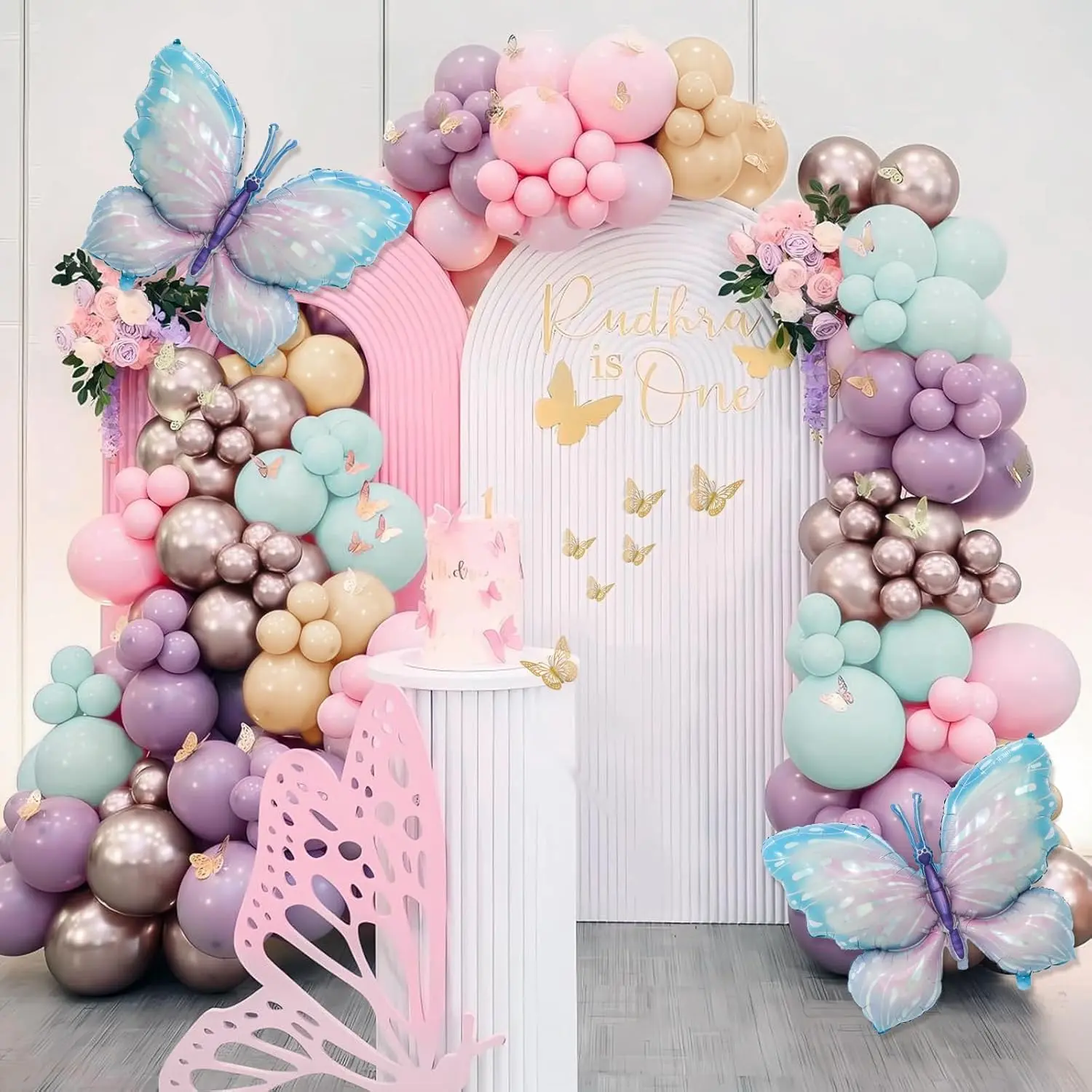 Pastel Pink, Purple & Blue Balloon Arch Kit - 142Pcs With Large Butterfly Foil Balloon & Stickers For Girl'S Baby Shower, Wedding Or Birthday Party Decorations