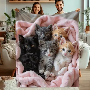 1pc Soft Plush Flannel Cat Print Blanket - Cozy Fantasy Theme with 6 Adorable Kittens, Mixed Colors, All-Season Indoor/Outdoor Use for Home, Camping & Travel, Whimsical Kitten Design