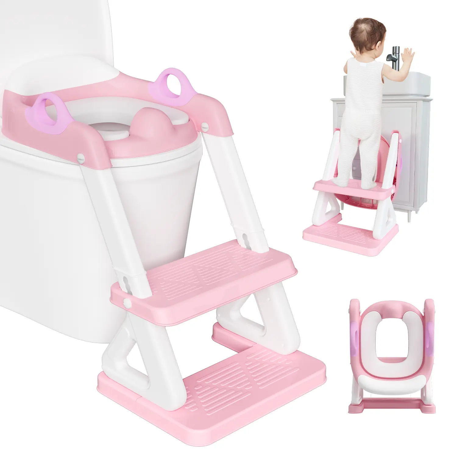 BabyBond 2-in-1 Toddler Potty Training Seat with Step Stool, Non-Slip Design, Adjustable Height Ladder, Safety Handles, Splash Guard, Soft Cushion, Tool-Free Setup, Washable Cushion for Boys & Girls
