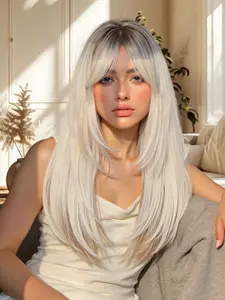 Women's Long Gold Gradient Wig with Bangs, Heat Resistant Synthetic Hair, Rose Net Cap, Perfect for Parties and Daily Wear, Synthetic Wigs