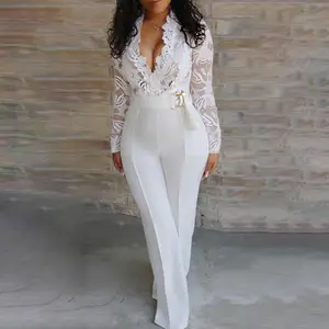 ChicMe Crochet Lace Trim Deep V-Neck Floral Lace Spliced Overalls Casual Zipper Back Wedding Guest Seam Front Jumpsuit with Belt ChicMe Crochet Lace Trim Deep V-Neck Floral Lace Spliced Overalls Casual Zipper Back Wedding Guest Seam Front Jumpsuit with Belt