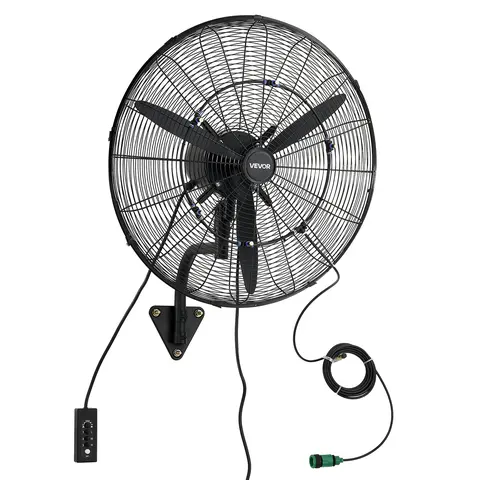VEVOR 24-in Heat Relief High Power Wall Mount Fan - IP44-Rated, 3-Speed Mechanical Control, Oscillation + Mist, Compact Yet Powerful Evaporative Cooler for Home Cooling Solutions, Garage, Grow Tents, Heat Relief Wall-Mounted Fans