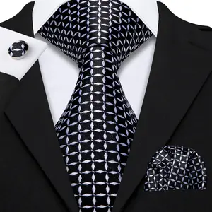 Men Tie Classic Black Plaid Necktie Casual Silk tie Jacquard Tie Handkerchief Cufflinks Set Wedding Party Business Barry .Wang