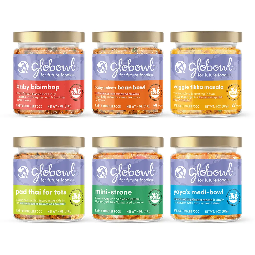 Globowl NEW! Around the World Variety Pack - 6 Pack for Baby Bibimbap Yaya's Medi-Bowl Mini-Strone Veggie Tikka Masala Pad Thai for Tots & Baby Spice's Bean Bowl