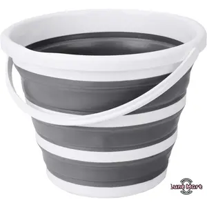 10L Collapsible Silicone Bucket - Portable Foldable Water Pail with Handle, Space-Saving for Camping, Car Washing, Gray and White (Keychain Accessory Complement)