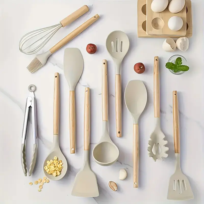 12-Piece Premium Non-Stick Silicone Cooking Utensil Set - Ergonomic Wooden Handles, Durable, Heat-Resistant, Easy-to-Clean Kitchen Gadget for Spatula, Pasta, Pot Use, Hanging-Ready Cookware for Home Cooking Enthusiasts