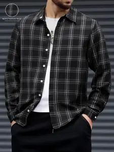 Men's Plaid Checked Long Sleeve Shirt Jacket for Fall & Winter, Casual Office Wear, Button Front Design, Comfortable Woven Fabric, Fitted Style