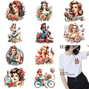 12Pcs Retro Badge Mom Heat Transfer Vinyl DTF Iron on Transfer DIY Kit for Tshirt Hoodie Jeans Backpack Pillow Washable HTV for Men Women