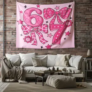 Cheerful Pink Number 6 & 7 Wall Tapestry, Playful Digital Print Wall Hanging for Birthday Decoration, Floral & Heart Pattern Bow Design, Fun Kids Room Wall Decor, Flower Pattern Tapestry, Bright and Festive Home Aesthetic