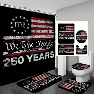 2D flat, 4-piece set, 250th Anniversary Edition American Flag Vintage Pattern Shower Curtain Set, black fabric printed with distressed stars and stripes and the text of the Declaration of Independence. Bathroom décor includes: Flat U-shaped.