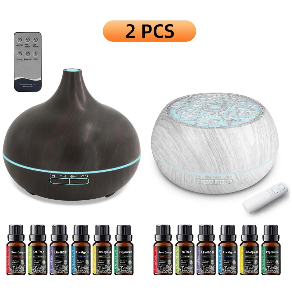 2-Pack 550ml Ultrasonic Aroma Diffuser & Humidifier - Remote Control, 7-Color Night Light, Whisper-Quiet, Includes 12 Essential Oils - Ambiance, Calming, Consumer-Grade, Desktop, Filter-Free Aromatherapy Machine for Office, Bedroom, Ambiance Aromatherapy