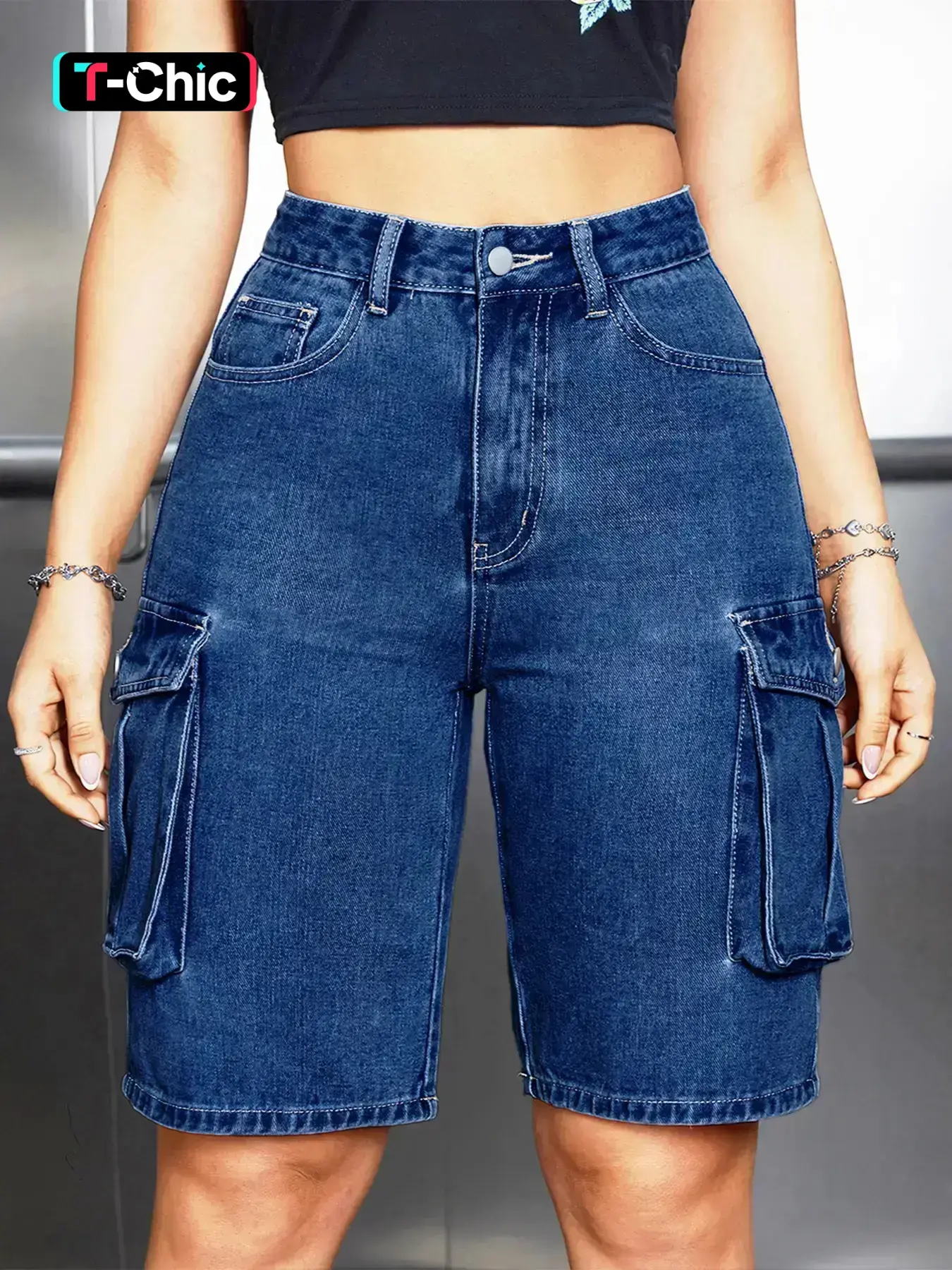Women's Denim Dark wash Button Design Fitted Cargo Shorts, Denim Cargo Jorts, Casual Fashion Pocket Shorts for Daily Wear, Everyday, Ladies Bottoms for All Seasons, Womenswear, Denim Jeans Shorts