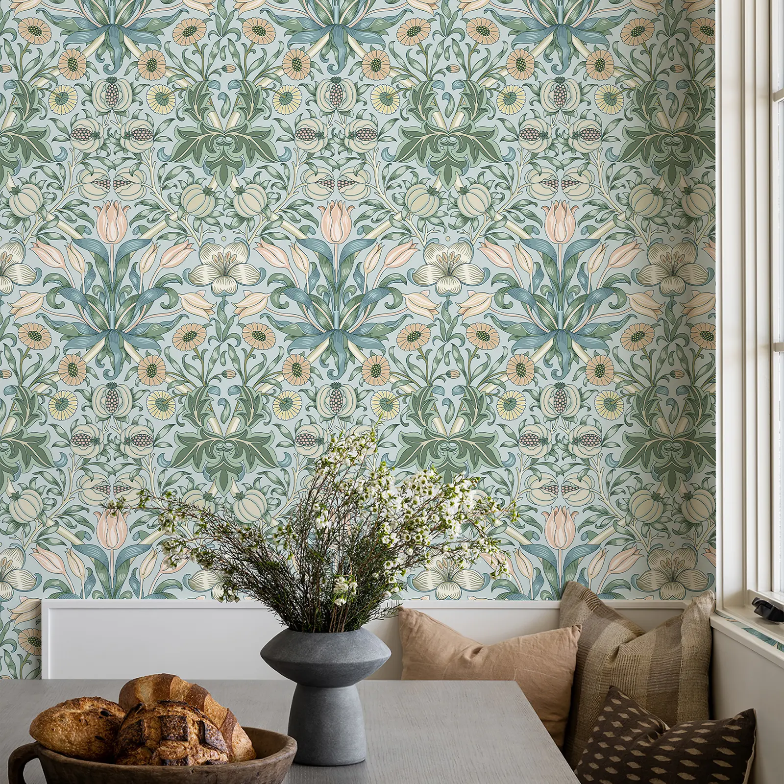 Vintage Pomegranate Floral Peel-and-Stick Wallpaper, Removable Self-Adhesive Botanical Wall Covering for Bedroom, Bathroom, Wall Decor DIY Projects
