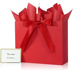 Elegant Red  Bag 11.8"x4.5"x9.8" with Ribbons Handles, Includes Card and Tissue for Weddings, Birthdays,  Shower Parties, Holidays
