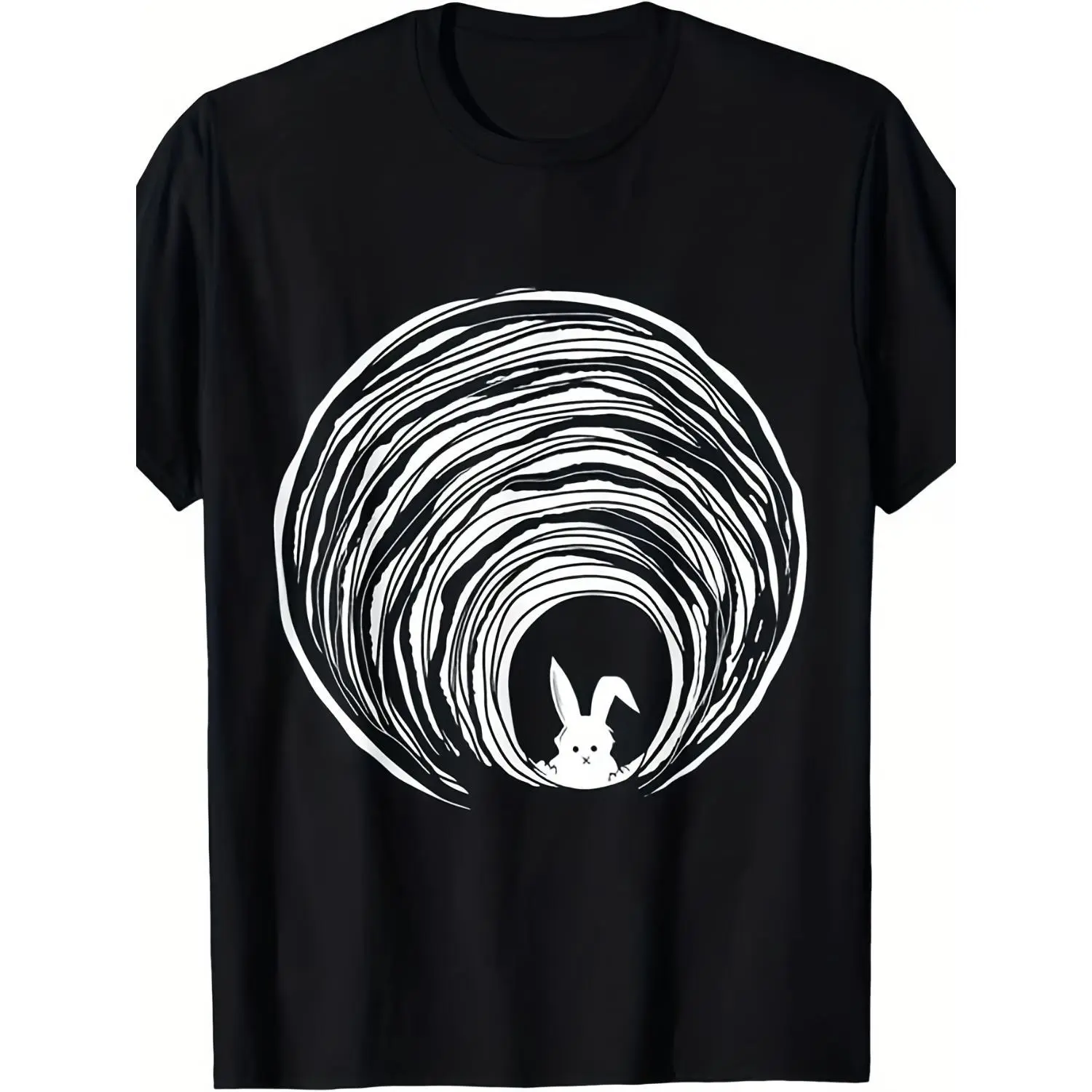 Soft Cotton Short-Sleeve Basic Breathable Sports Top, Whimsical Bunny Tunnel Art Tee for Casual Creative People, Black & White Rabbit Hole Graphic Shirt
