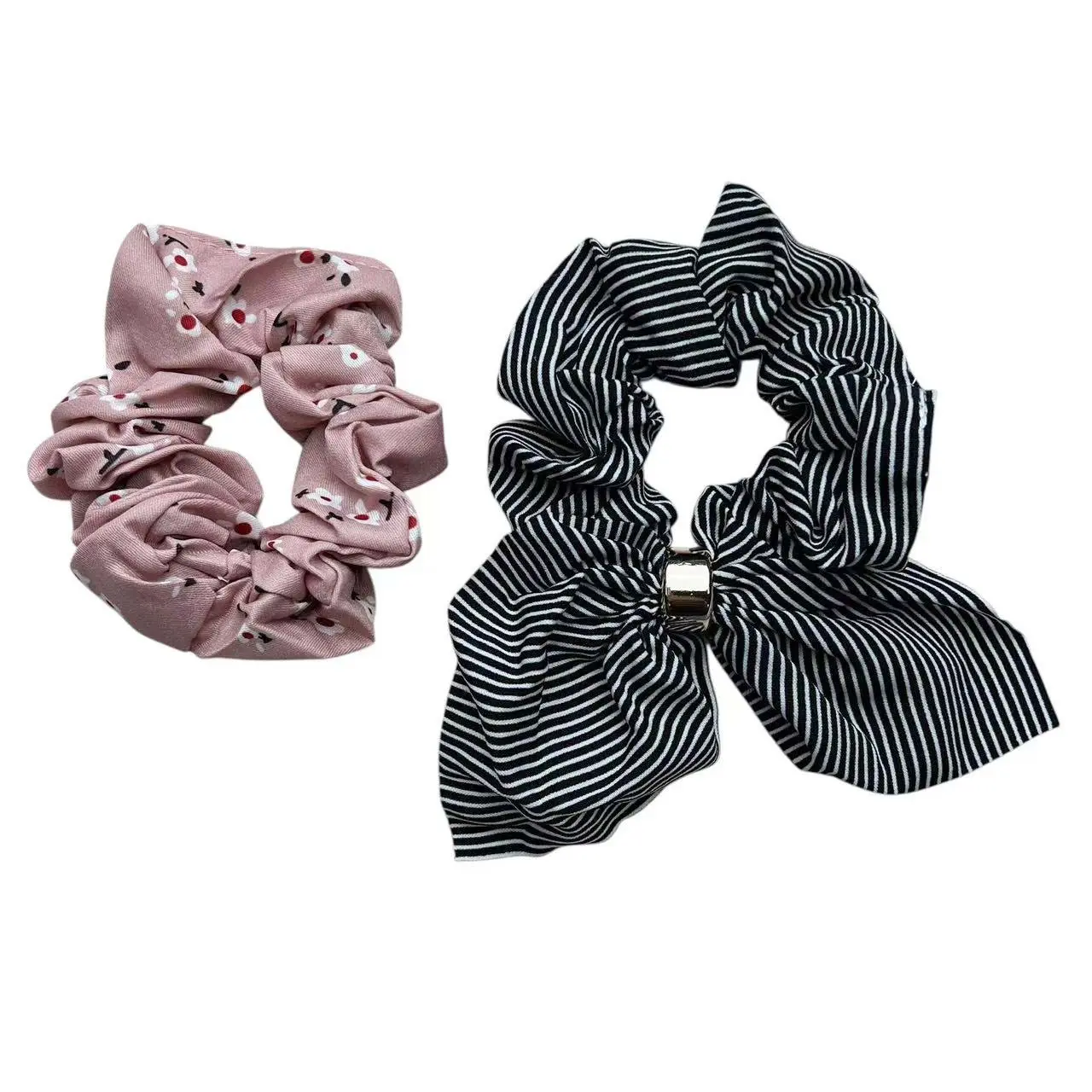 Bow Scrunchie Set 4 Pcs, Korean Cute Hair Ties with Bunny Ear Bow Tails, Striped & Floral Elastic Ponytail Holders for Women