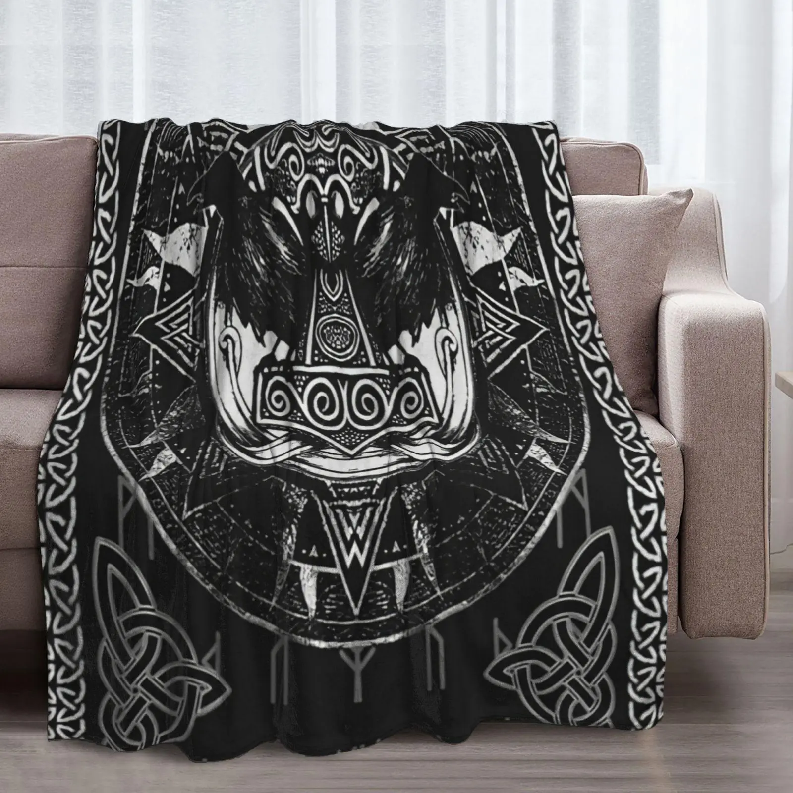 Throw Blanket for Couch Vikings Black and White Crow Super Soft Cozy Micro Fleece Blanket Novelty Fluffy Bed Plush Lightweight Warm Blankets 60"X50"