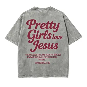 Women's Baggy Linen Lightweight Vintage "Pretty Girls Love Jesus" Graphic Tee, Oversized Streetwear Short Sleeve Crewneck Cotton Shirt for Church Worship, Bike Outfit